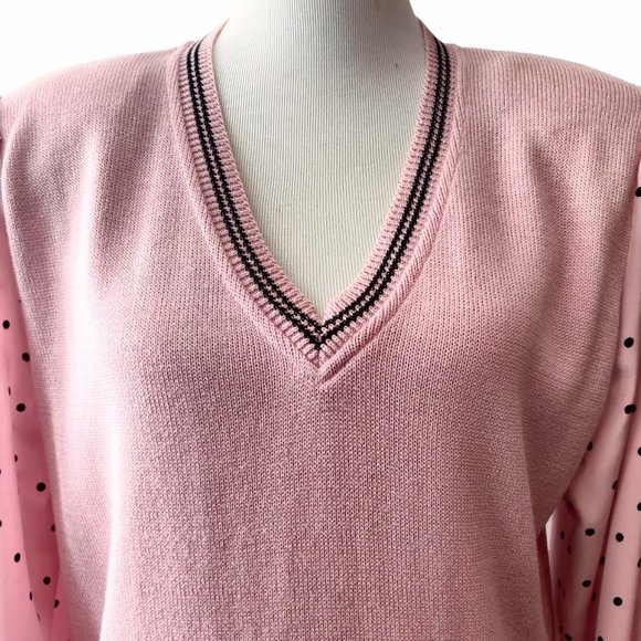 Vintage Adolph Schuman For Lilli Ann Pink V-Neck Polka Dot Sleeves Sweater 12 - Picture 4 of 9